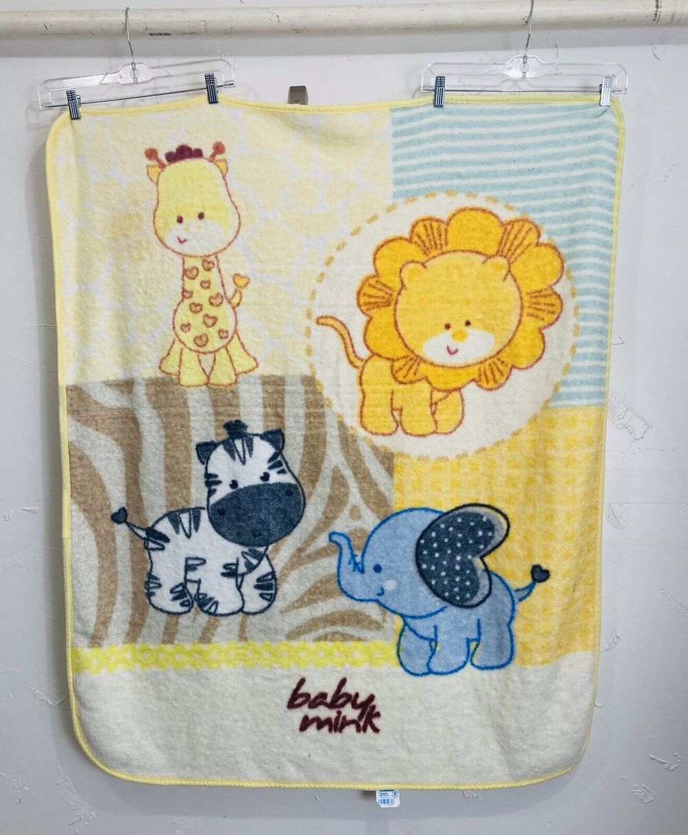 Baby Mink Plush Blanket Yellow Zoo Animals Giraffe Lion Zebra Elephant VTG Mexic